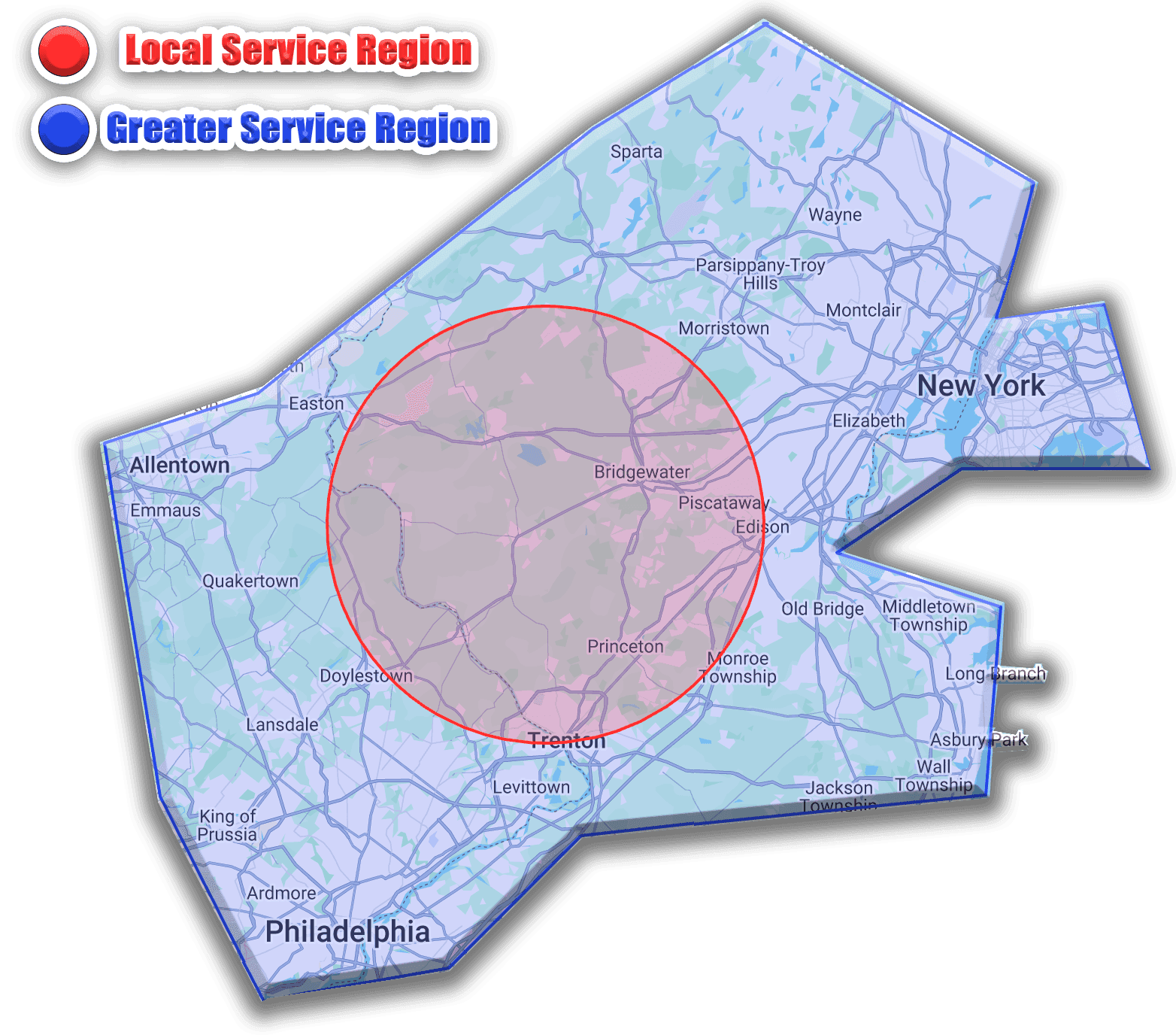 Map of Detail Jockey's local service region (red) and greater service region (blue) across Hunterdon County NJ and Bucks County PA